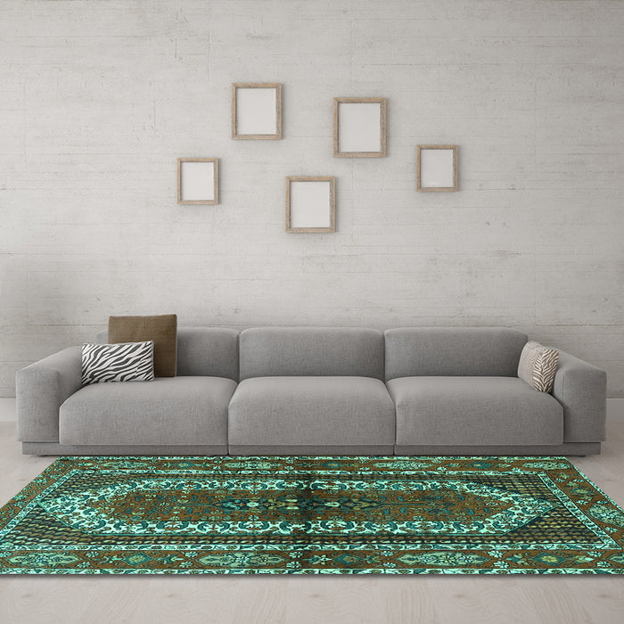 Machine Washable Persian Turquoise Traditional Area Rugs in a Living Room,, wshtr4032turq