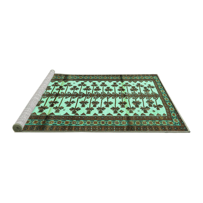 Sideview of Machine Washable Persian Turquoise Traditional Area Rugs, wshtr4033turq
