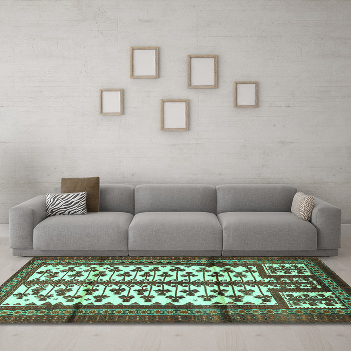 Machine Washable Persian Turquoise Traditional Area Rugs in a Living Room,, wshtr4033turq