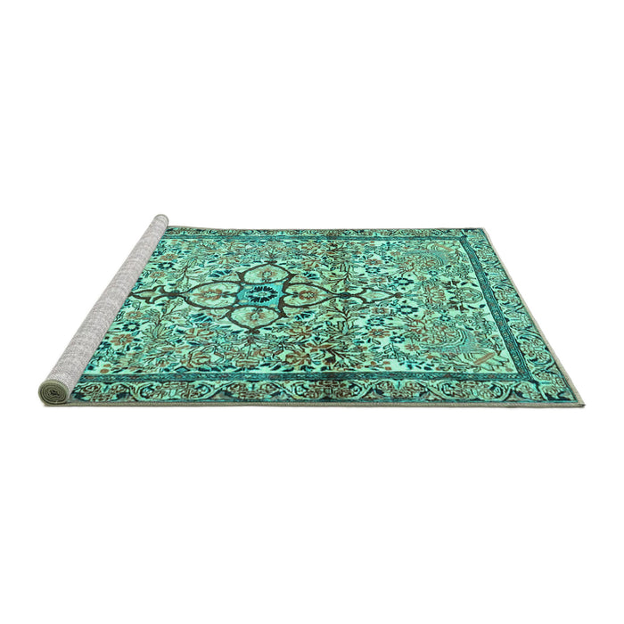 Sideview of Machine Washable Persian Turquoise Traditional Area Rugs, wshtr4034turq