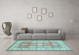 Machine Washable Geometric Light Blue Traditional Rug in a Living Room, wshtr403lblu