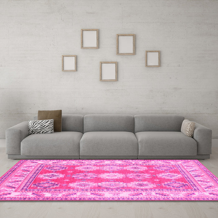 Machine Washable Geometric Pink Traditional Rug in a Living Room, wshtr403pnk