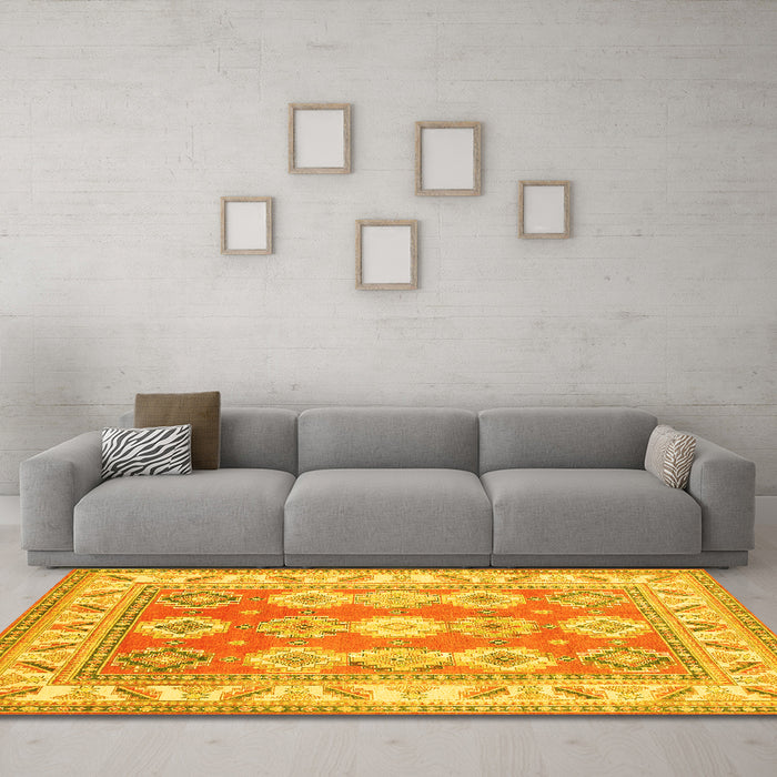 Machine Washable Geometric Yellow Traditional Rug in a Living Room, wshtr403yw