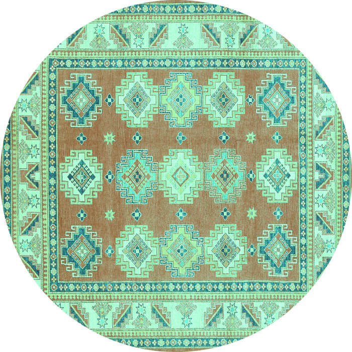 Round Machine Washable Geometric Turquoise Traditional Area Rugs, wshtr403turq