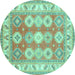 Round Machine Washable Geometric Turquoise Traditional Area Rugs, wshtr403turq