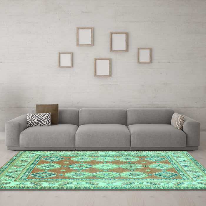 Machine Washable Geometric Turquoise Traditional Area Rugs in a Living Room,, wshtr403turq