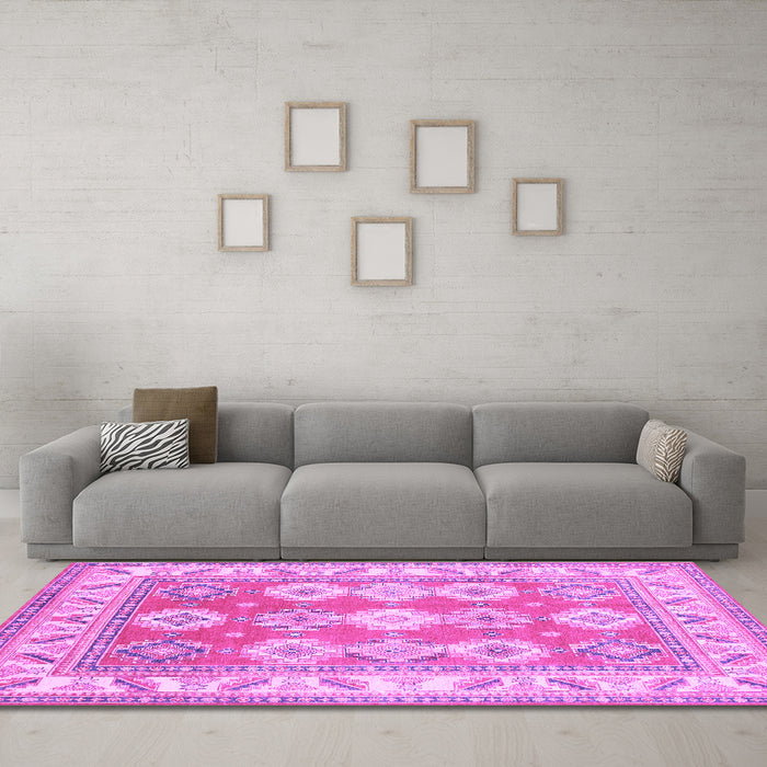 Machine Washable Geometric Purple Traditional Area Rugs in a Living Room, wshtr403pur