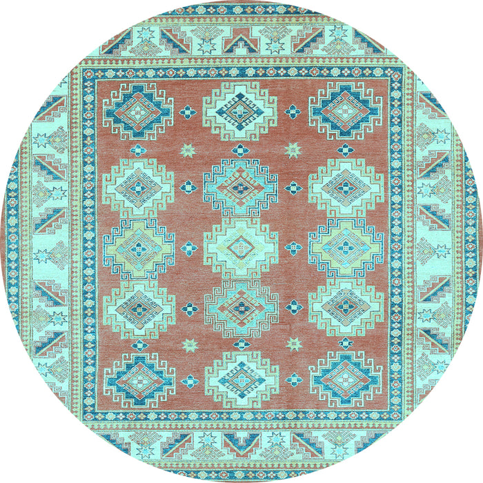 Round Machine Washable Geometric Light Blue Traditional Rug, wshtr403lblu