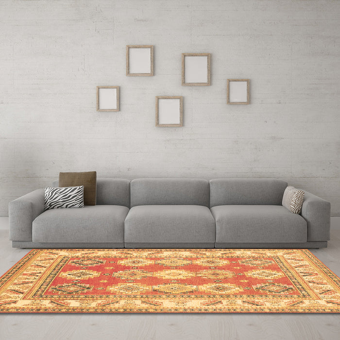Machine Washable Geometric Brown Traditional Rug in a Living Room,, wshtr403brn