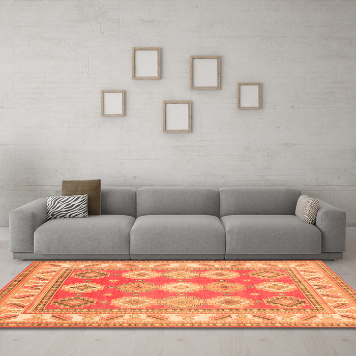 Machine Washable Geometric Orange Traditional Area Rugs in a Living Room, wshtr403org