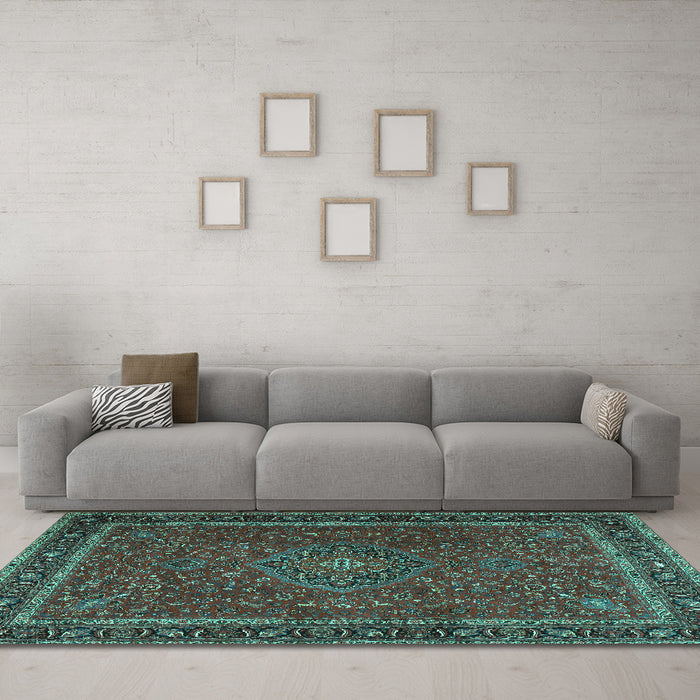 Machine Washable Persian Turquoise Traditional Area Rugs in a Living Room,, wshtr4044turq