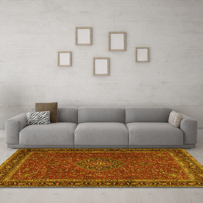 Machine Washable Persian Yellow Traditional Rug in a Living Room, wshtr4044yw