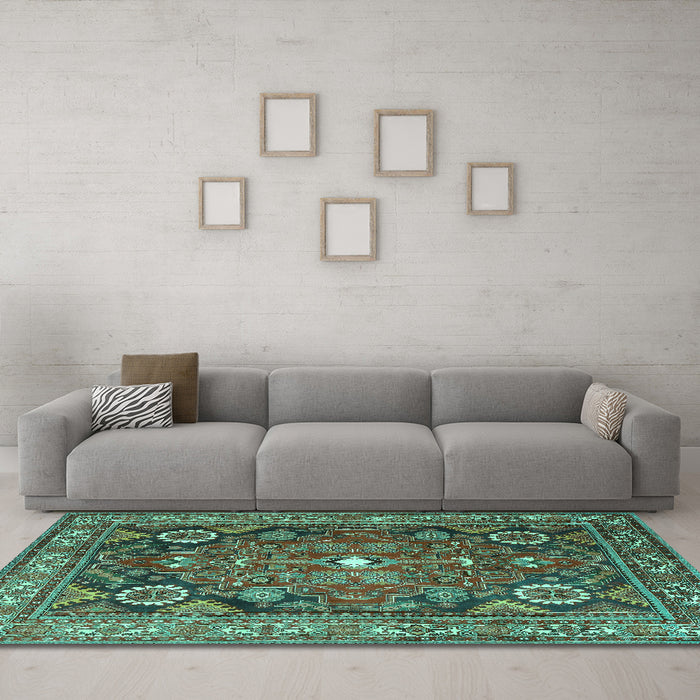 Machine Washable Persian Turquoise Traditional Area Rugs in a Living Room,, wshtr4045turq