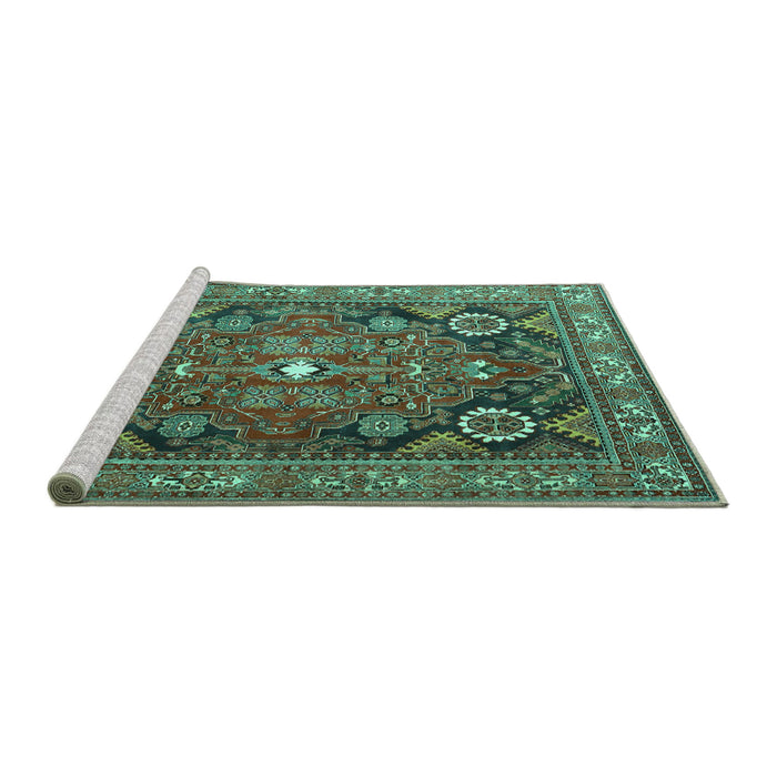 Sideview of Machine Washable Persian Turquoise Traditional Area Rugs, wshtr4045turq