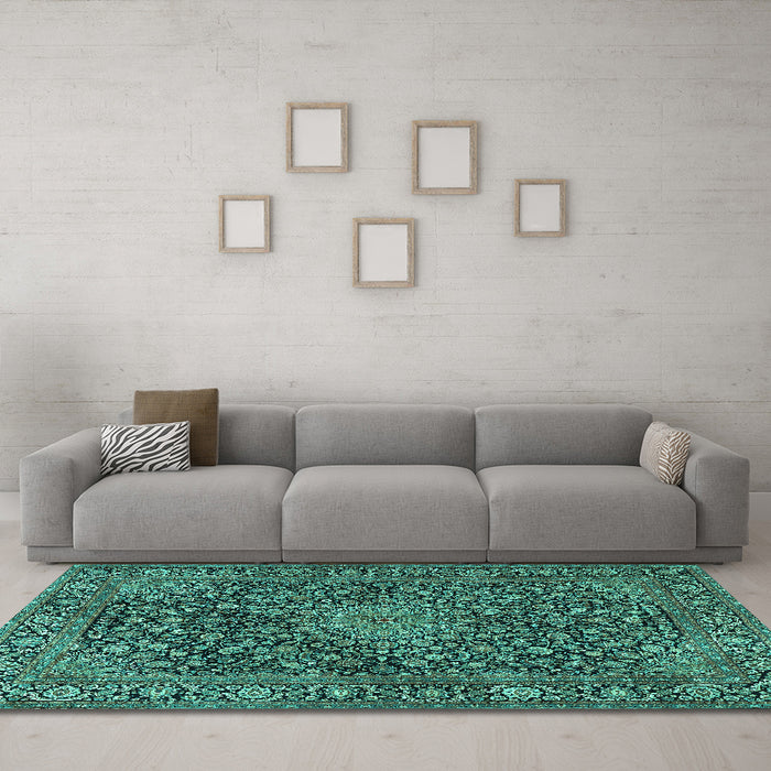 Machine Washable Persian Turquoise Traditional Area Rugs in a Living Room,, wshtr4046turq