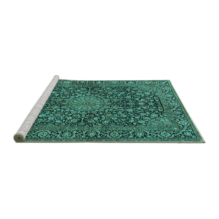 Sideview of Machine Washable Persian Turquoise Traditional Area Rugs, wshtr4046turq