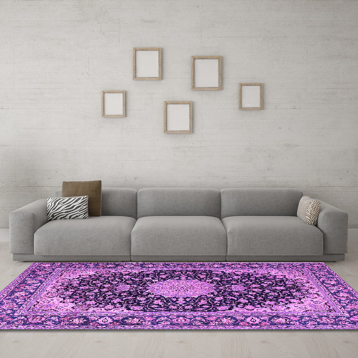 Machine Washable Medallion Purple Traditional Area Rugs in a Living Room, wshtr4047pur
