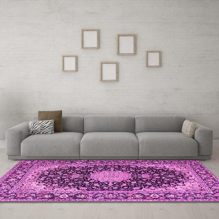 Machine Washable Medallion Pink Traditional Rug in a Living Room, wshtr4047pnk