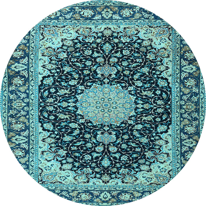 Round Machine Washable Medallion Light Blue Traditional Rug, wshtr4047lblu