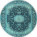 Round Machine Washable Medallion Light Blue Traditional Rug, wshtr4047lblu