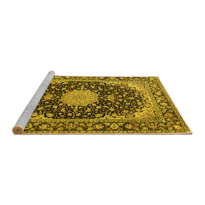 Sideview of Machine Washable Medallion Yellow Traditional Rug, wshtr4047yw