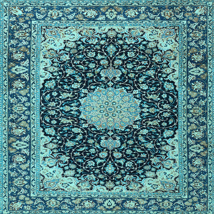 Square Machine Washable Medallion Light Blue Traditional Rug, wshtr4047lblu