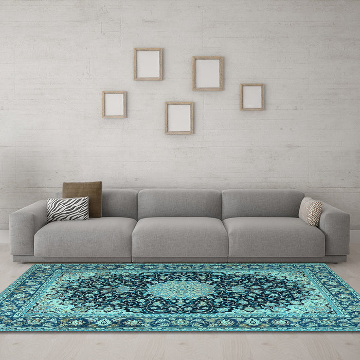 Machine Washable Medallion Light Blue Traditional Rug in a Living Room, wshtr4047lblu