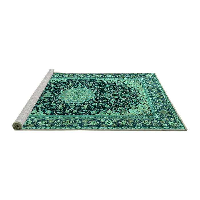 Sideview of Machine Washable Medallion Turquoise Traditional Area Rugs, wshtr4047turq