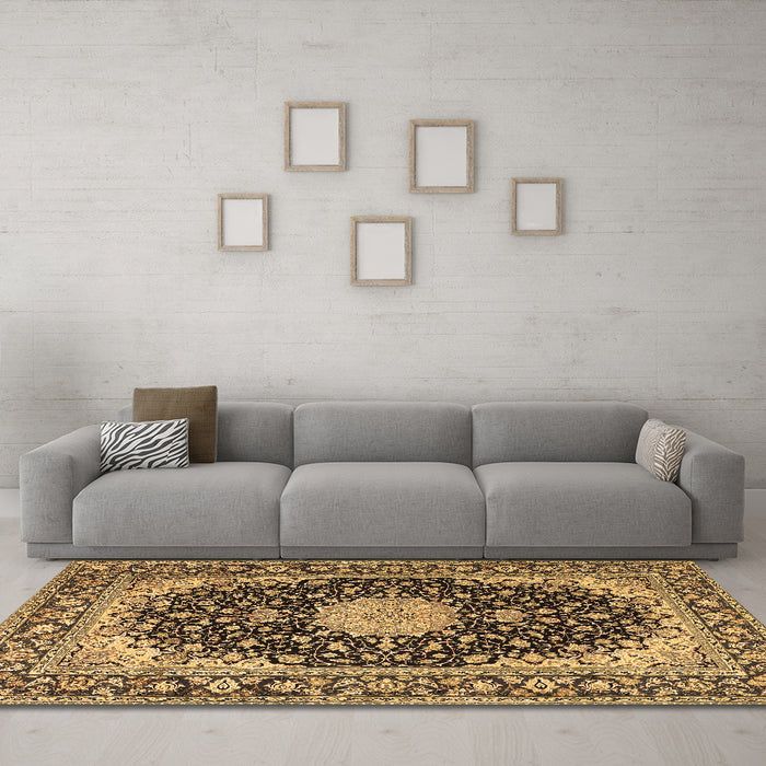 Machine Washable Medallion Brown Traditional Rug in a Living Room,, wshtr4047brn