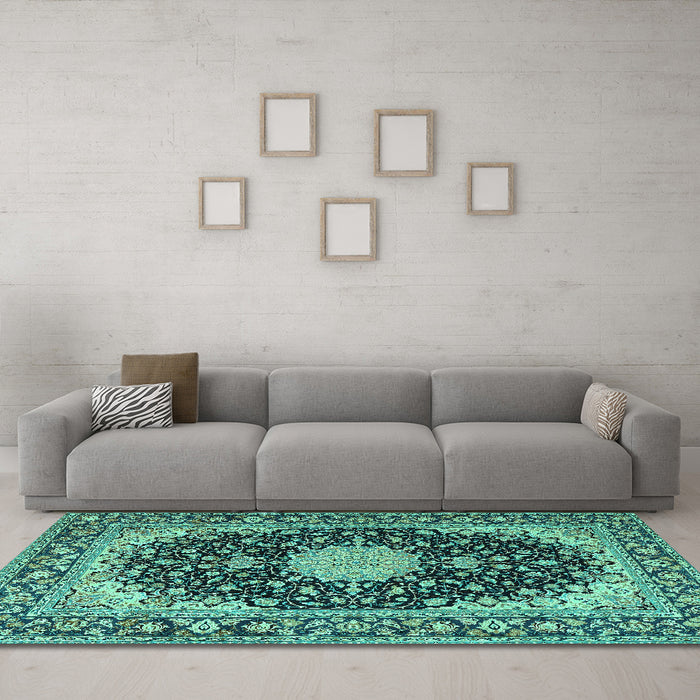 Machine Washable Medallion Turquoise Traditional Area Rugs in a Living Room,, wshtr4047turq