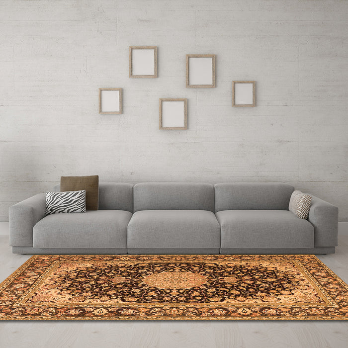 Machine Washable Medallion Orange Traditional Area Rugs in a Living Room, wshtr4047org