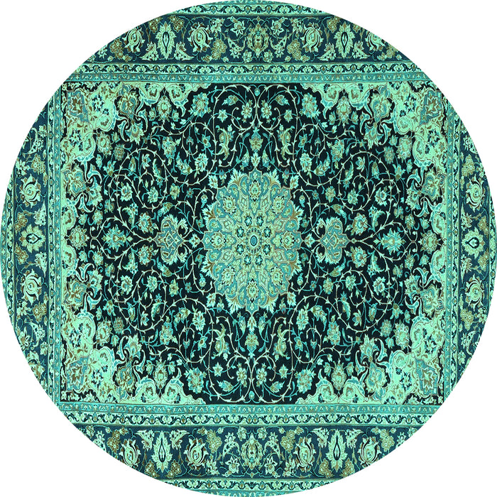 Round Machine Washable Medallion Turquoise Traditional Area Rugs, wshtr4047turq