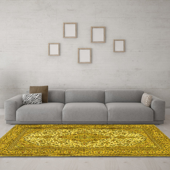 Machine Washable Persian Yellow Traditional Rug in a Living Room, wshtr4048yw