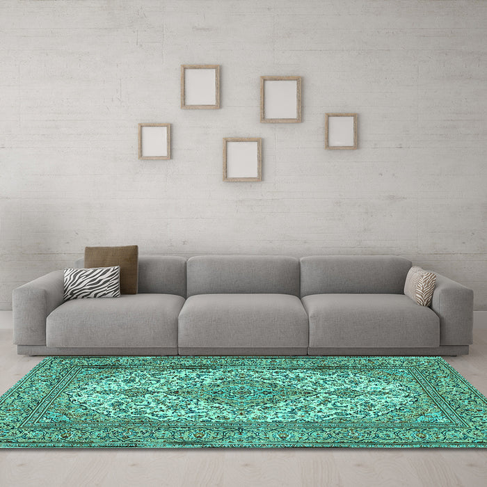 Machine Washable Persian Turquoise Traditional Area Rugs in a Living Room,, wshtr4048turq