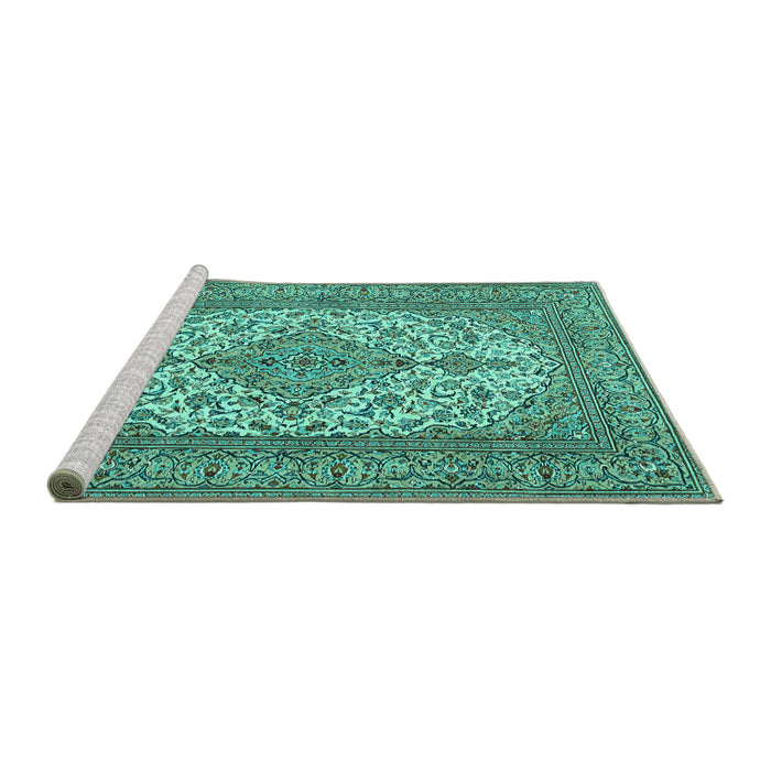 Sideview of Machine Washable Persian Turquoise Traditional Area Rugs, wshtr4048turq