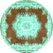 Round Machine Washable Medallion Turquoise French Area Rugs, wshtr4049turq