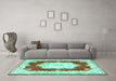 Machine Washable Medallion Turquoise French Area Rugs in a Living Room,, wshtr4049turq
