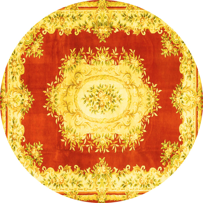 Round Machine Washable Medallion Yellow French Rug, wshtr4049yw