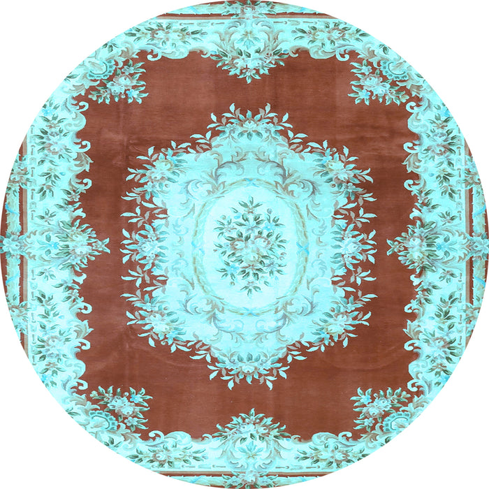 Round Machine Washable Medallion Light Blue French Rug, wshtr4049lblu