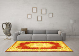 Machine Washable Medallion Yellow French Rug in a Living Room, wshtr4049yw