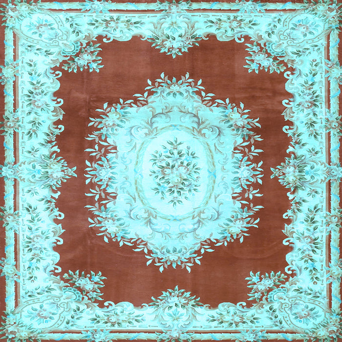 Square Machine Washable Medallion Light Blue French Rug, wshtr4049lblu
