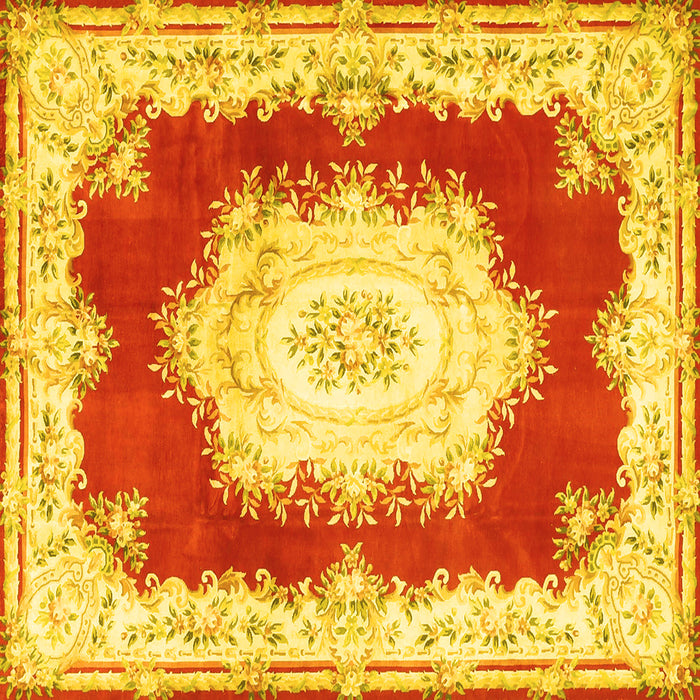 Square Machine Washable Medallion Yellow French Rug, wshtr4049yw