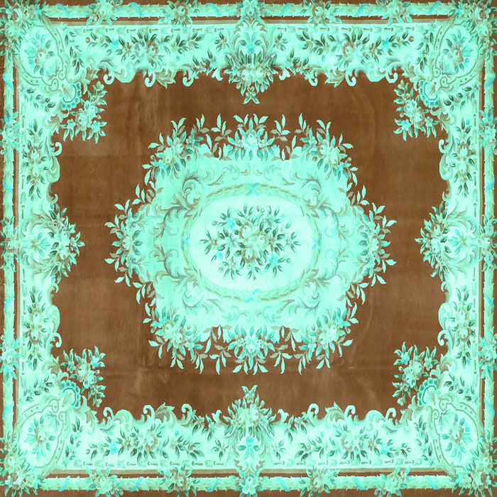 Square Machine Washable Medallion Turquoise French Area Rugs, wshtr4049turq