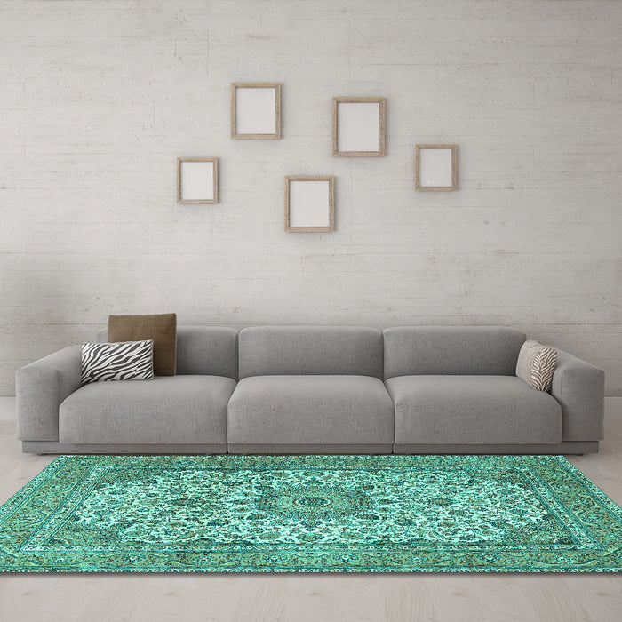Machine Washable Persian Turquoise Traditional Area Rugs in a Living Room,, wshtr4050turq