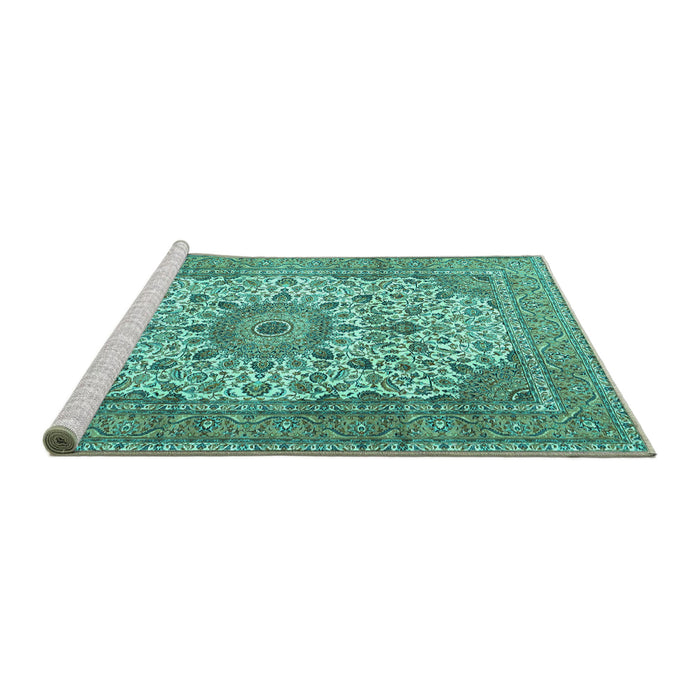 Sideview of Machine Washable Persian Turquoise Traditional Area Rugs, wshtr4050turq