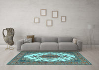 Machine Washable Medallion Light Blue Traditional Rug, wshtr4051lblu