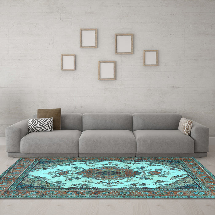 Machine Washable Medallion Light Blue Traditional Rug in a Living Room, wshtr4051lblu