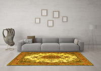 Machine Washable Medallion Yellow Traditional Rug, wshtr4051yw