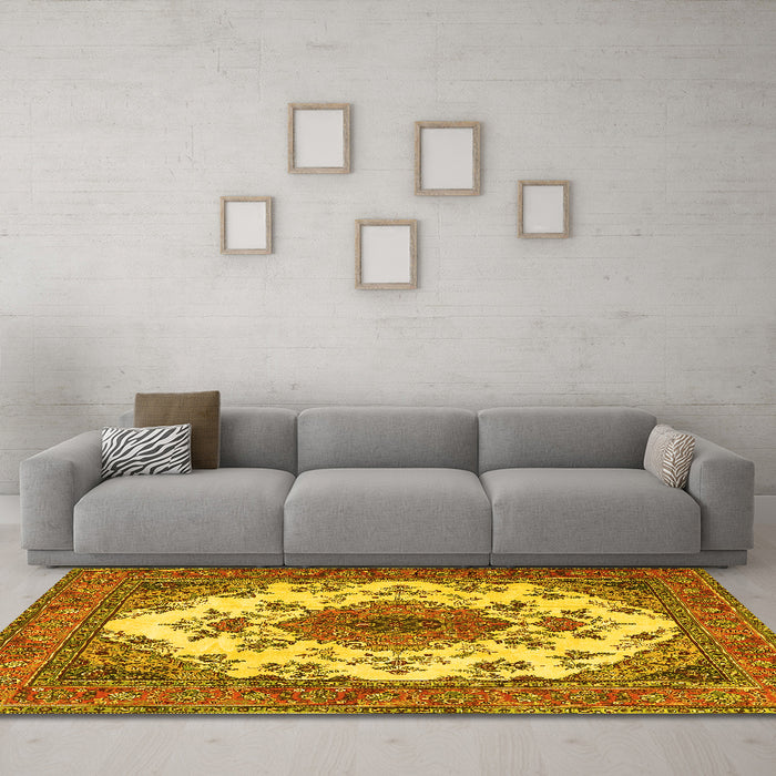 Machine Washable Medallion Yellow Traditional Rug in a Living Room, wshtr4051yw
