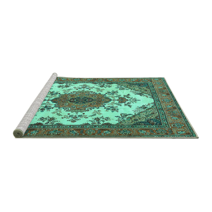 Sideview of Machine Washable Medallion Turquoise Traditional Area Rugs, wshtr4051turq